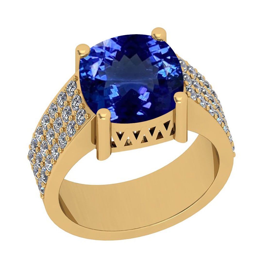 5.18 Ctw VS/SI1 Tanzanite And Diamond 18K Yellow Gold V: 5.18 Ctw VS/SI1 Tanzanite And Diamond 18K Yellow Gold Vintage Style Engagement Ring -- Center Stone Weight : 4.60 Ctw (Cushion Cut) Center Stone Color :-Tanzanite Center Stone Setting : Prong Side Sto