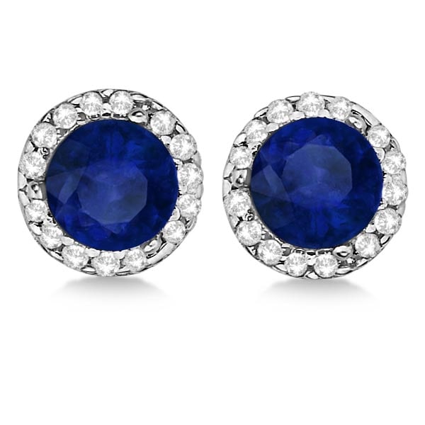 Diamond and Blue Sapphire Earrings Halo 14K White Gold: Diamond and Blue Sapphire Earrings Halo 14K White Gold 1.15tcw -- CENTER STONE; Sapphire CENTER STONE CLARITY; CENTER STONE COLOR; Blue CENTER STONE SETTING; Prong SIDE STONE CLARITY; SI1-2 SIDE STONE