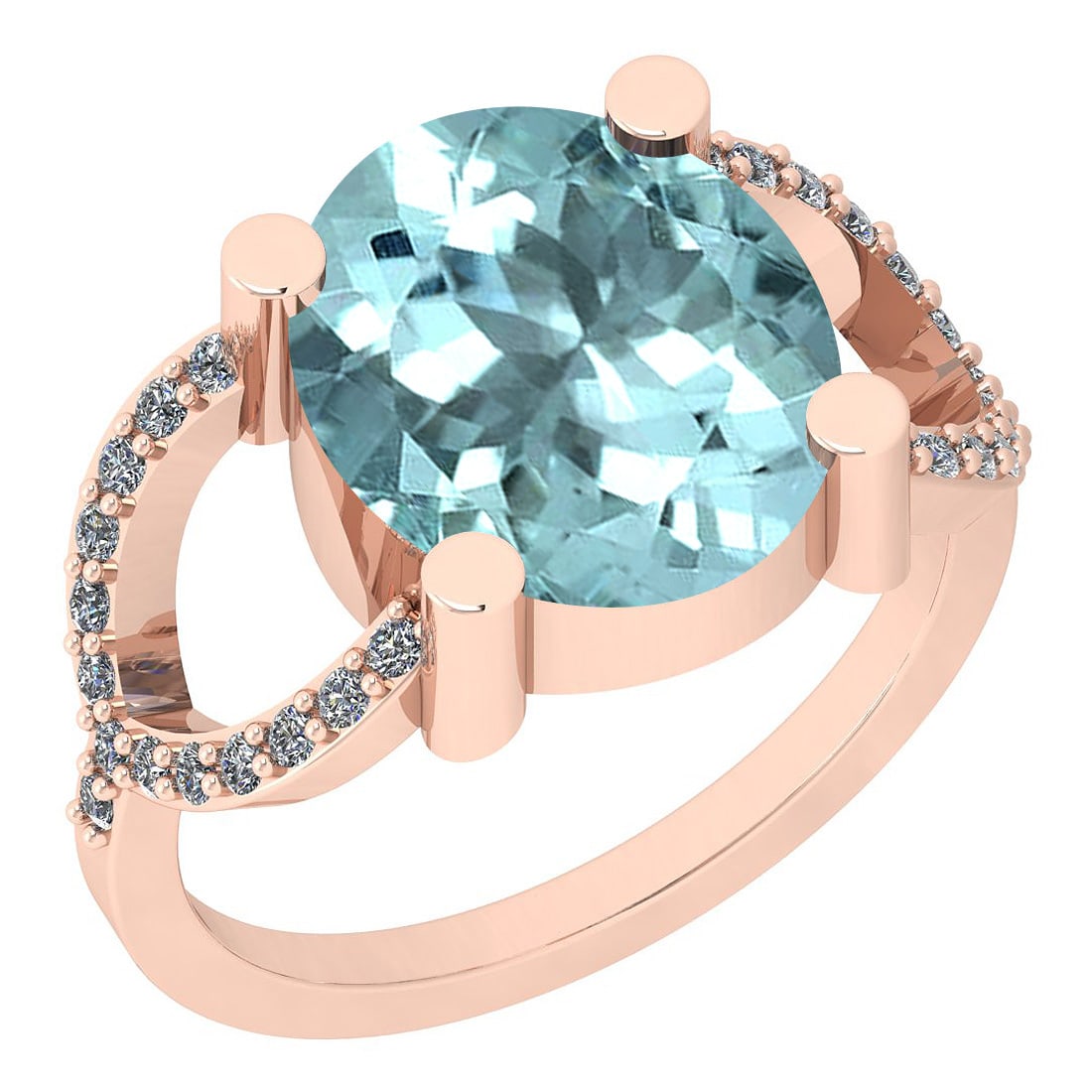 5.76 Ctw VS/SI1 Aquamarine And Diamond 14K Rose Gold Ri: 5.76 Ctw VS/SI1 Aquamarine And Diamond 14K Rose Gold Ring -- Center Stone Approx Weight: 5.54 Ctw (Oval Cut) Center Stone Color: Aquamarine Center Stone Setting: Prong Side Stone 0.22 Ctw Side Stone C