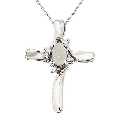 0.50 Ctw Opal and Diamond Cross Necklace Pendant 14k W: 0.50Ctw Opal and Diamond Cross Necklace Pendant 14k White Gold -- CENTER STONE; Opal CENTER STONE CLARITY; CENTER STONE COLOR; CENTER STONE SETTING; Prong SIDE STONE CLARITY; SI SIDE STONE COLOR; I-J 