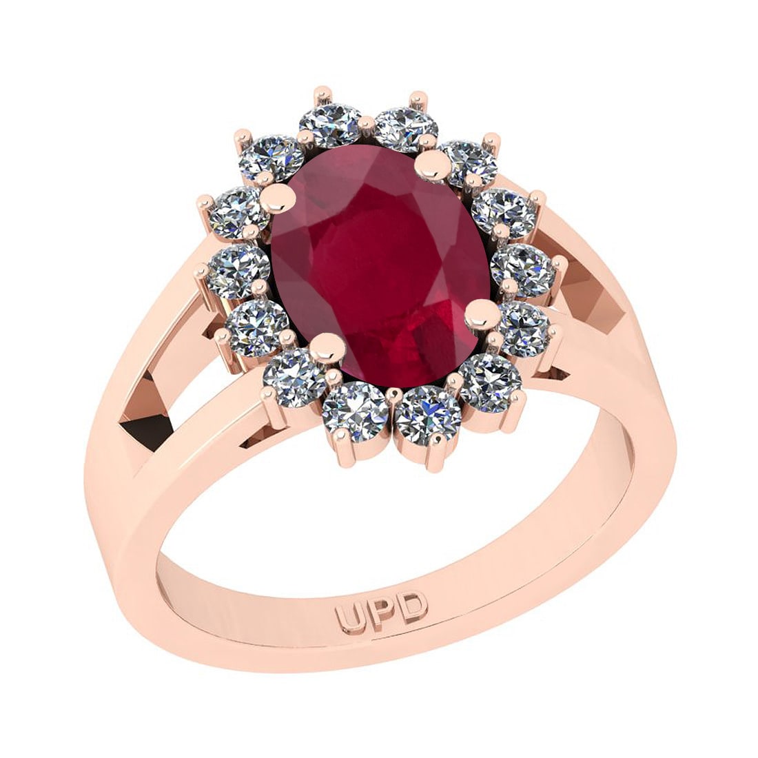 3.02 Ctw SI2/I1 Ruby And Diamond 14K Rose Gold Engageme: 3.02 Ctw SI2/I1 Ruby And Diamond 14K Rose Gold Engagement Ring -- Center Stone Weight : 2.50 Ctw (Oval Cut) Center Stone Color :-Ruby Stone Setting : Prong Side Stone Weight Of Ctw 0.52 Ctw Side Stone