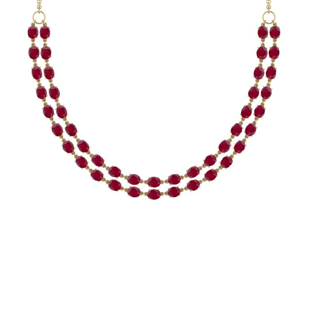 50.60 Ctw Ruby 14K Yellow Gold Double layer Necklace: 50.60 Ctw Ruby 14K Yellow Gold Double layer Necklace -- Center Stone Weight : 50.60 Ctw ( Oval Cut) Center Stone Color :-Ruby Stone Setting : Prong Metal Weight : Approx 34.20 Gram 14K Yellow Gold Dou