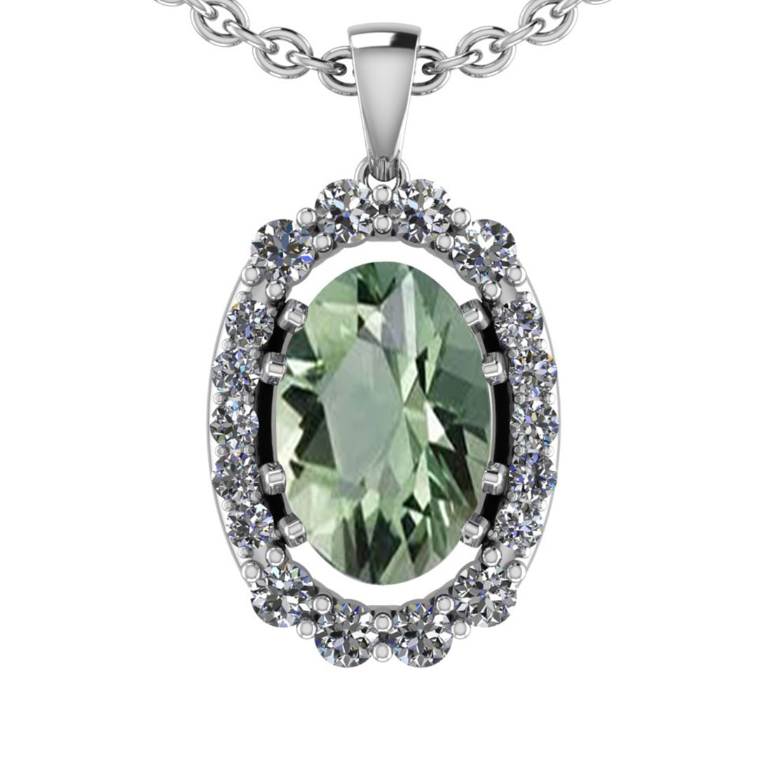 26.05 Ctw I2/I3 Green Amethyst And Diamond 10K White Go: 26.05 Ctw I2/I3 Green Amethyst And Diamond 10K White Gold Pendant -- Center Stone Weight : 23.05 Ctw (Oval Cut ) Center Stone Color : Green Amethyst Center Stone Setting : Prong Side Stone Weight Of C