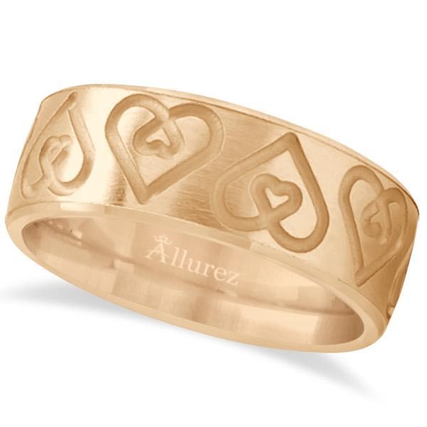 Ultra-Fancy Embossed Twin Heart Wedding Band in 18k Ros: Ultra-Fancy Embossed Twin Heart Wedding Band in 18k Rose Gold -- CENTER STONE; CENTER STONE CLARITY; CENTER STONE COLOR; CENTER STONE SETTING; SIDE STONE CLARITY; SIDE STONE COLOR; SIDE STONE SETTING;