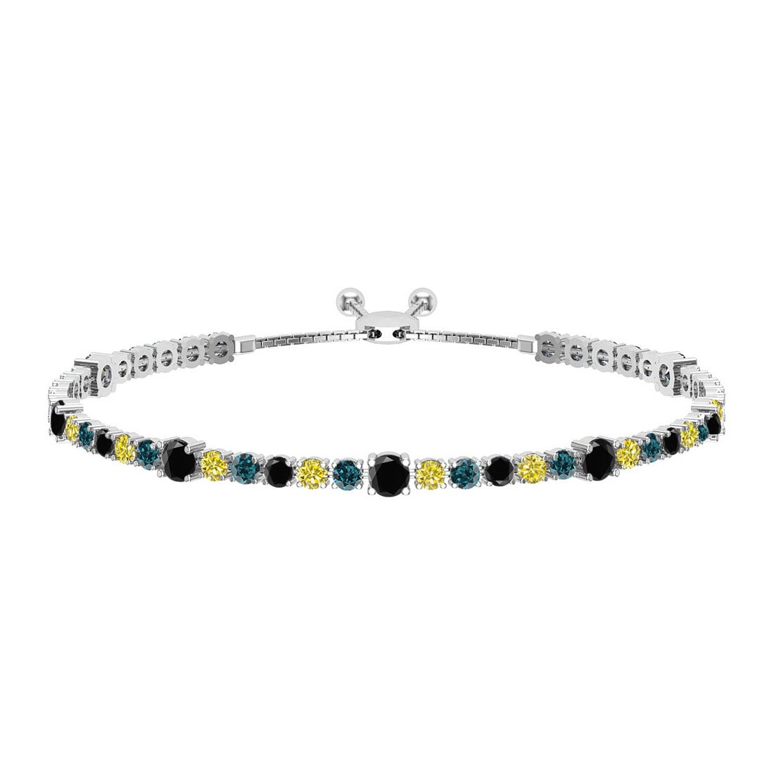 1.64 Ctw I2/I3 Multi Diamond14K White Gold Slide Bracel: 1.64 Ctw I2/I3 Multi Diamond14K White Gold Slide Bracelet -- Center Diamond Weight : 1.64 Ctw (Round Cut) Center Diamond Color :- Treated Fancy Blue black yellow diamond Center Clarity : I2/I3 Stone S