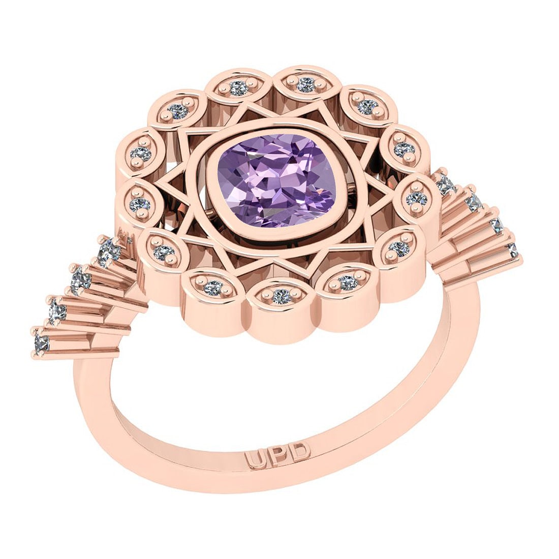 0.93 Ctw I2/I3 Amethyst And Diamond 10K Rose Gold Ring: 0.93 Ctw I2/I3 Amethyst And Diamond 10K Rose Gold Ring -- Color Stone Weight : 0.75 Ctw (Cushion Cut ) Center Stone Color : Amethyst Center Stone Setting : Prong Side Stone Weight Of Ctw 0.12 Ctw Side