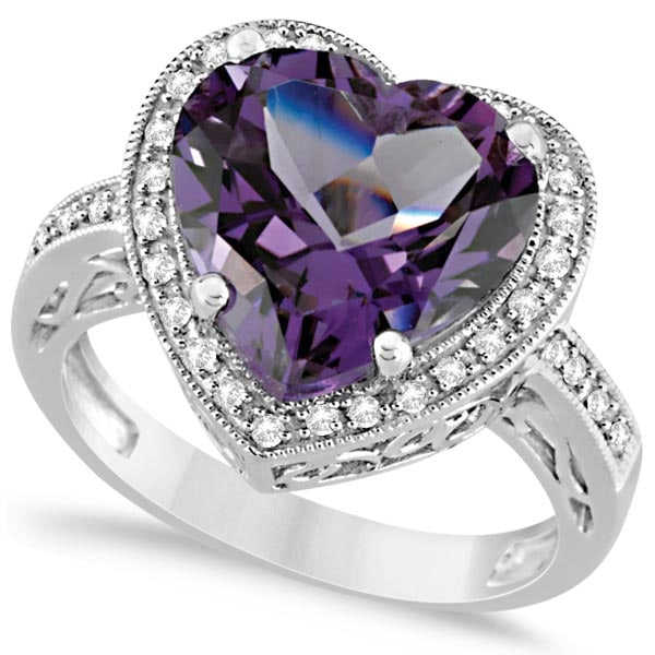 Heart Shaped Amethyst and Diamond Ring Halo 14K White Gold 5.41ctw: Heart Shaped Amethyst and Diamond Ring Halo 14K White Gold 5.41ctw -- CENTER STONE; Amethyst CENTER STONE CLARITY; Eye Clean CENTER STONE COLOR; CENTER STONE SETTING; Prong SIDE STONE CLARITY; J-K SID