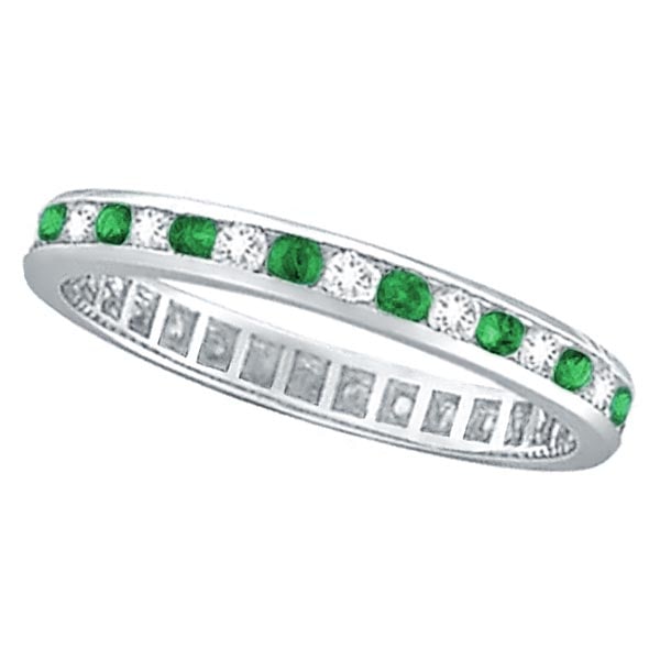 Emerald and Diamond Channel Set Eternity Band Ring platinum 1.04ctw: Emerald and Diamond Channel Set Eternity Band Ring platinum 1.04ctw -- CENTER STONE; Diamond CENTER STONE CLARITY; SI CENTER STONE COLOR; J-K CENTER STONE SETTING; Channel SIDE STONE CLARITY; SIDE STO