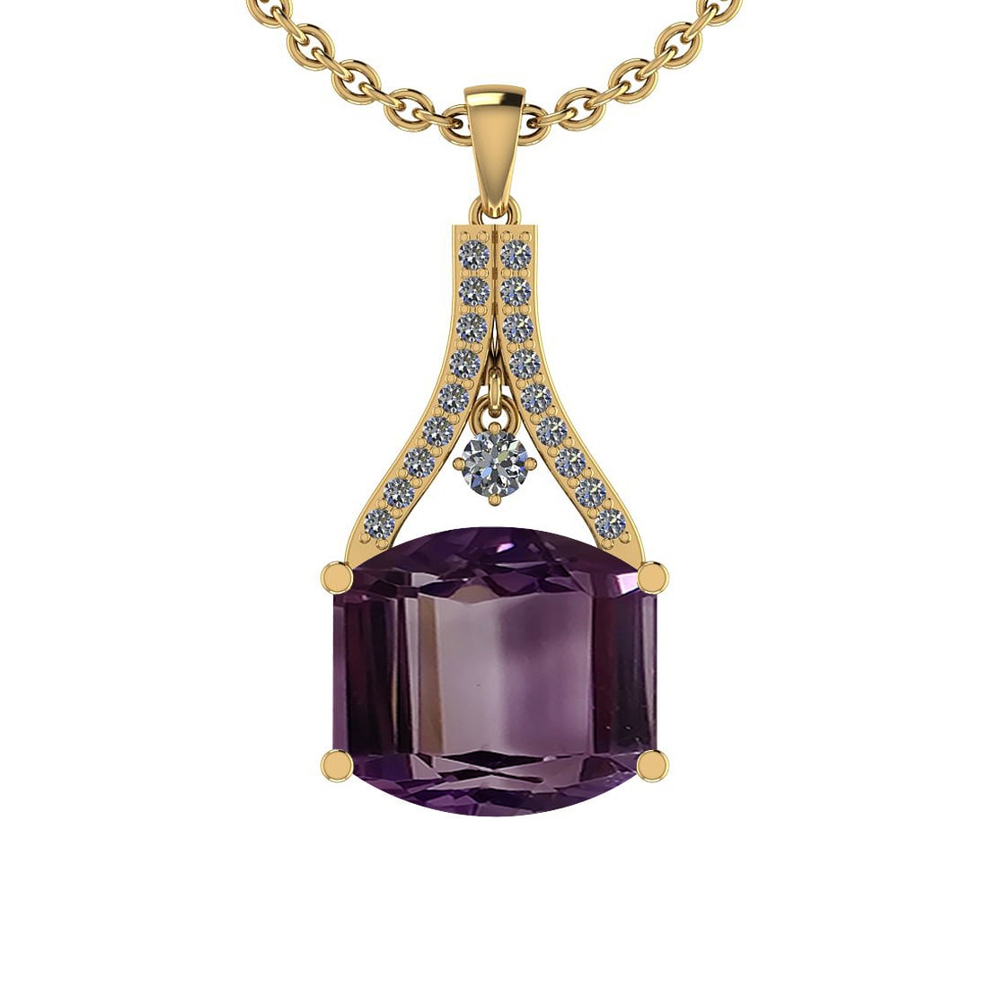 29.26 Ctw I2/I3 Amethyst And Diamond 10K Yellow Gold Vintage Style Pendant: 29.26 Ctw I2/I3 Amethyst And Diamond 10K Yellow Gold Vintage Style Pendant -- Color Stone Weight : 28.56 Ctw (Fancy Shape ) Center Stone Color : Amethyst Center Stone Setting : Prong Side Stone Weight