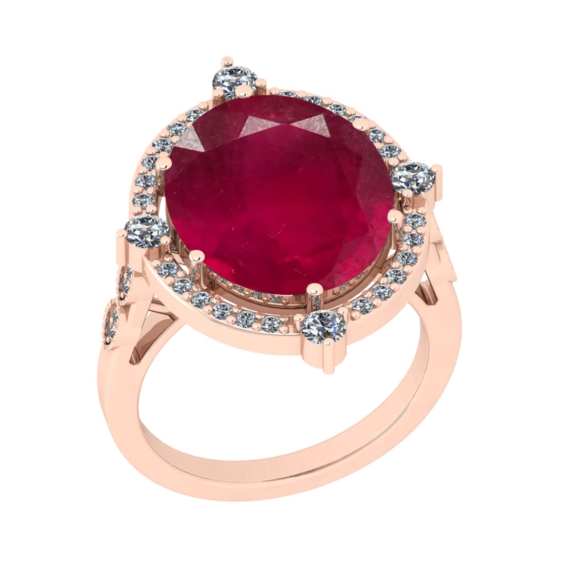 9.30 CtwSI2/I1 Ruby And Diamond 14K Rose Gold Vintage Style Ring: 9.30 CtwSI2/I1 Ruby And Diamond 14K Rose Gold Vintage Style Ring -- Center Stone Weight : 8.79 Ctw ( Oval Cut ) Center Stone Color : Ruby Stone Setting : Prong Side Diamond Weight Of Ctw 0.51 Ctw Side