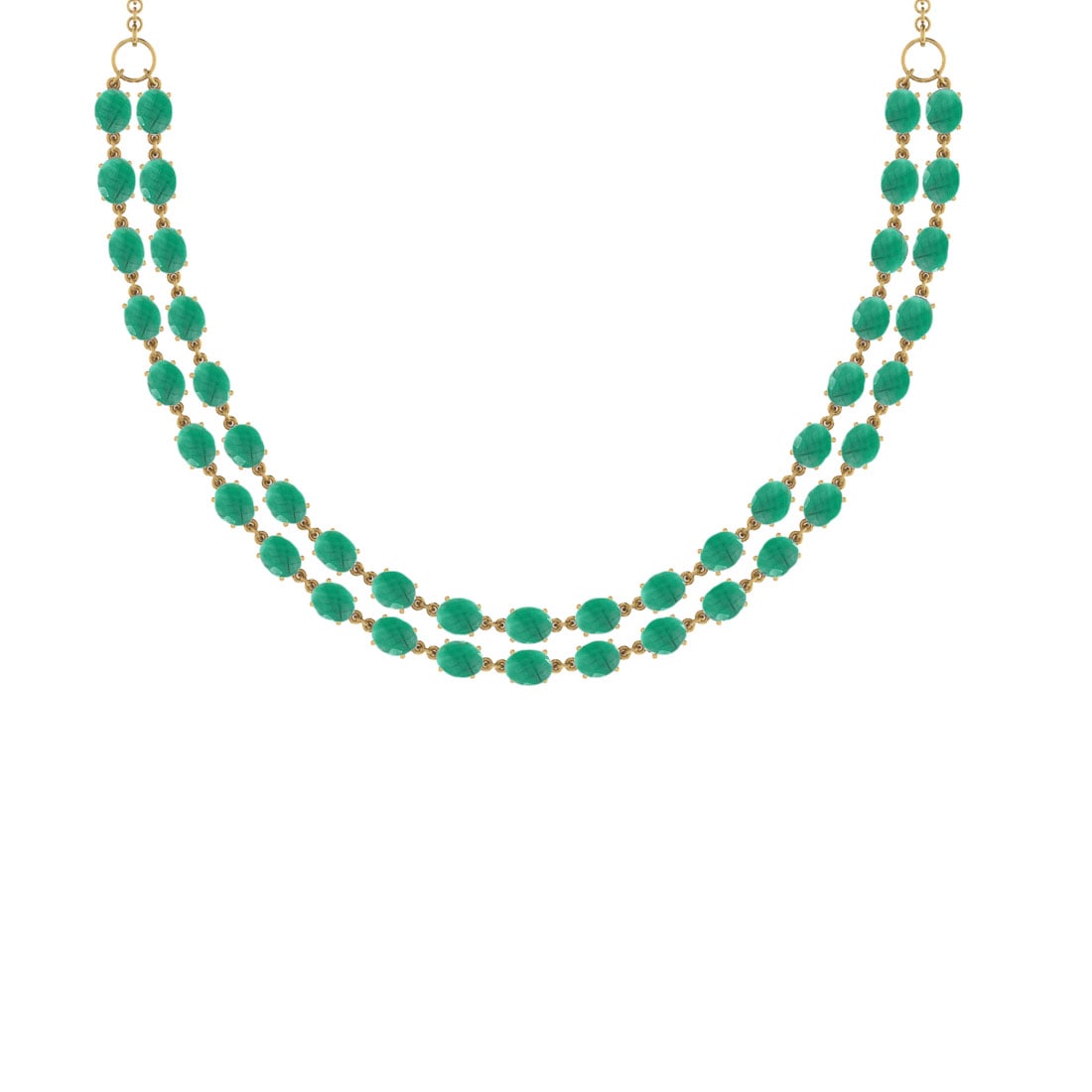 50.60 Ctw Emerald 14K Yellow Gold Double layer Necklace: 50.60 Ctw Emerald 14K Yellow Gold Double layer Necklace -- Center Stone Weight : 50.60 Ctw ( Oval Cut) Center Stone Color :-Emerald Stone Setting : Prong Metal Weight : Approx 34.20 Gram 14K Yellow Go