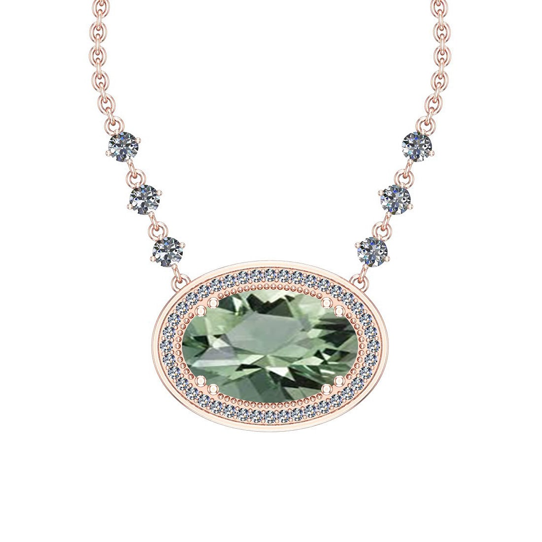 Certified 32.00 Ctw I2/I3 Green Amethyst And Diamond 14K Rose Gold Pendant: Certified 32.00 Ctw I2/I3 Green Amethyst And Diamond 14K Rose Gold Pendant -- Color Stone Approx Weight: 30.80 Ctw (Oval Cut) Center Stone Color: Green Amethyst Center Stone Setting: Prong Side Stone 
