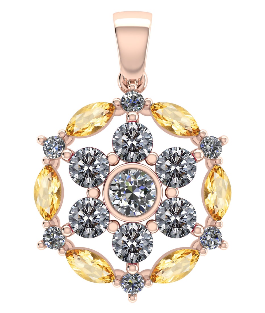Certified 1.30 CTW Genuine Citrine And Diamond 14K Rose Gold Pendant: Certified 1.30 CTW Genuine Citrine And Diamond 14K Rose Gold Pendant -- Diamond Weight (13pcs) 1.00 CTWRound Center Stone Clarity:SI1-SI2 Center Stone Color: White Diamond Stone Setting ;Bezel Side St