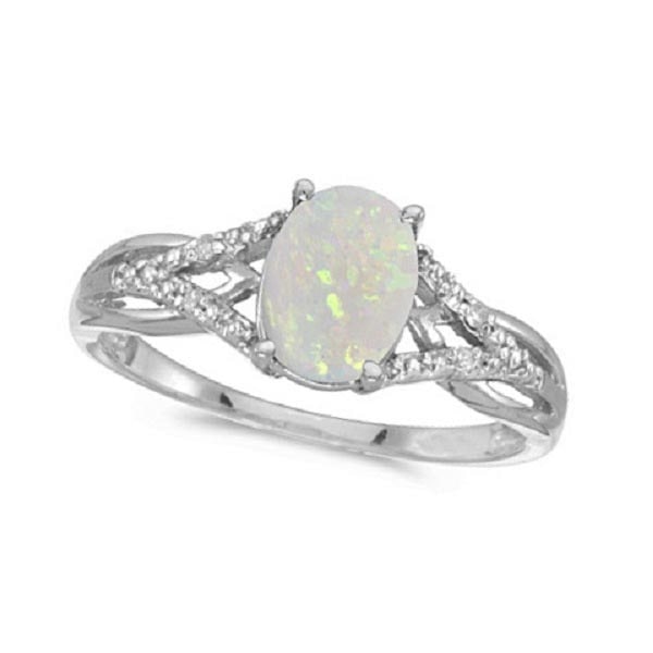 Oval Opal and Diamond Cocktail Ring 14K White Gold 0.70ctw: Oval Opal and Diamond Cocktail Ring 14K White Gold 0.70ctw -- CENTER STONE; Opal CENTER STONE CLARITY; CENTER STONE COLOR; CENTER STONE SETTING; Prong SIDE STONE CLARITY; SI SIDE STONE COLOR; I-J SIDE