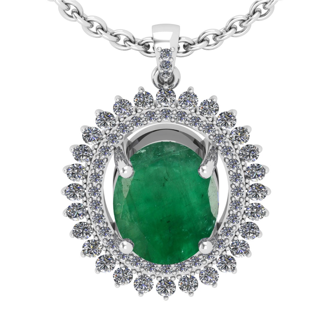 3.56 Ctw VS/SI1 Emerald And Diamond 18K White Gold Necklace (ALL DIAMOND ARE LAB GROWN ): 3.56 Ctw VS/SI1 Emerald And Diamond 18K White Gold Necklace (ALL DIAMOND ARE LAB GROWN ) -- Color Stone Weight : 3.00 Ctw (Oval Cut ) Center Stone Color : Emerald Center Stone Setting : Prong Side Sto