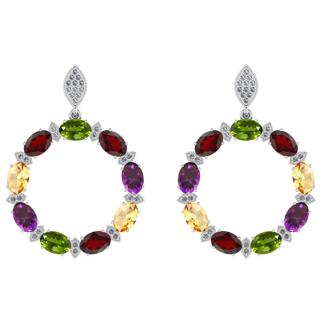 9.32 Ctw I2/I3 Multi Stone And Diamond 10K White Gold Earrings: 9.32 Ctw I2/I3 Multi Stone And Diamond 10K White Gold Earrings -- Center Stone Weight : 9.00 Ctw ( Oval Cut) Center Stone Color :-Amethyst,Garnet,Peridot,Citrine Stone Setting : Prong Side Stone Weigh