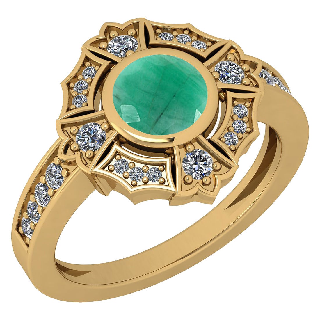 1.15 Ctw I2/I3 Emerald And Diamond 14K Yellow Gold Engagement Ring: 1.15 Ctw I2/I3 Emerald And Diamond 14K Yellow Gold Engagement Ring -- Center Stone Weight ; 0.84 Ctw ( Round Cut ) Stone Color :Emerald Color Stone Setting ; Bezel Side Stone Weight of Ctw ; 0.31 ctw