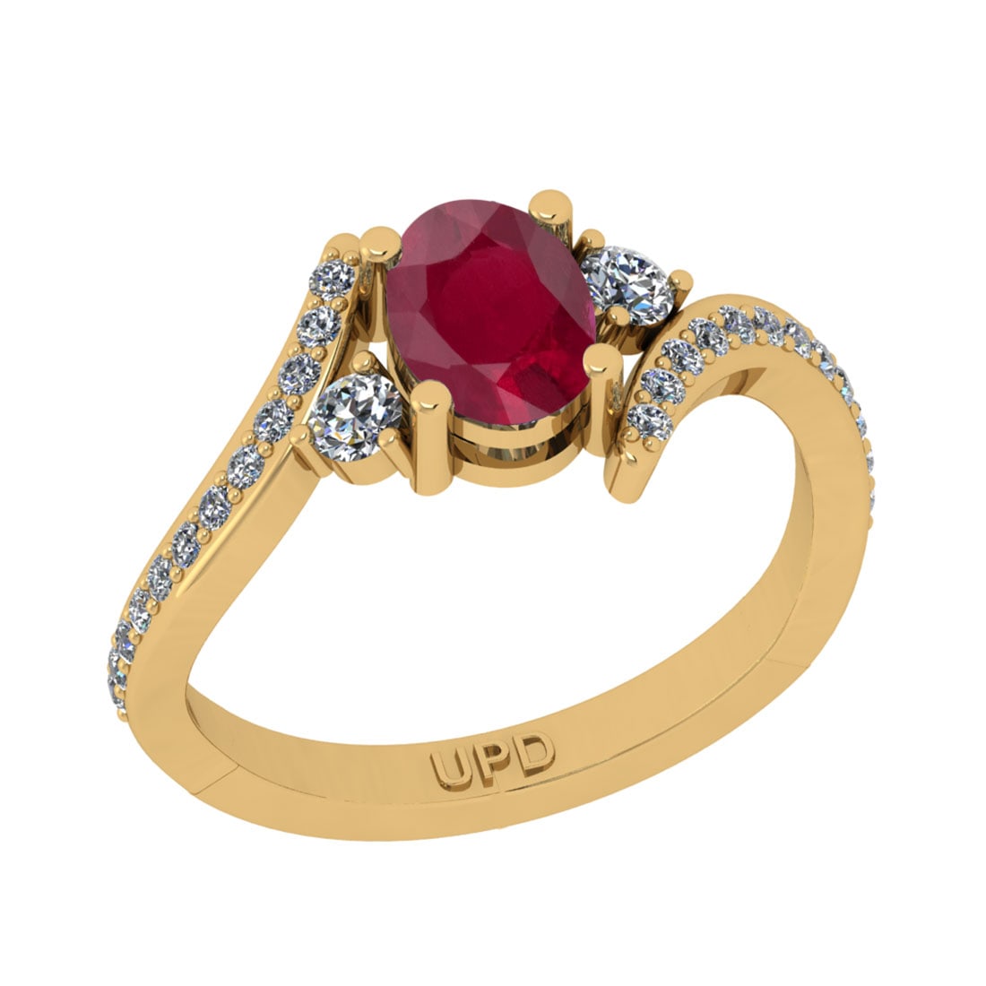 1.58 Ctw I2/I3 Ruby And Diamond 14K Yellow Gold Bypass Engagement Ring: 1.58 Ctw I2/I3 Ruby And Diamond 14K Yellow Gold Bypass Engagement Ring -- Center Stone Weight : 1.25 Ctw ( Oval Cut ) Center Stone Color :-Ruby Center Stone Setting : Prong Side Stone Weight Of Ctw 0.