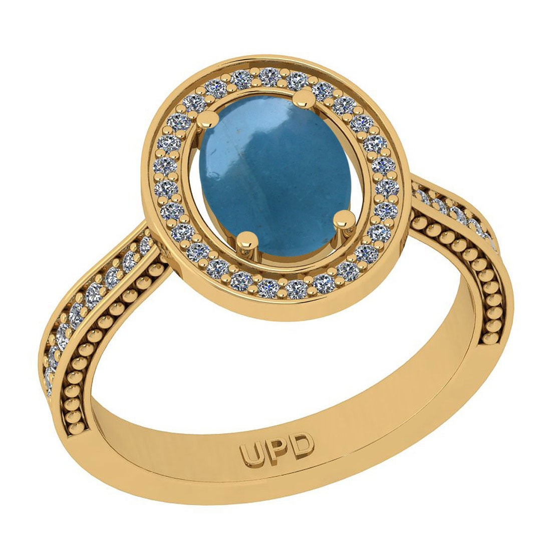 2.60 Ctw I2/I3 Aquamarine And Diamond 14K Yellow Gold Engagement Ring: 2.60 Ctw I2/I3 Aquamarine And Diamond 14K Yellow Gold Engagement Ring -- Center Stone Weight : 2.29 Ctw ( Oval Cab) Center Stone Color :-Aquamarine Stone Setting : Prong Side Stone Weight Of Ctw 0.31 