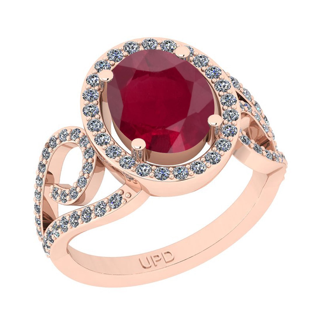 2.90 Ctw SI2/I1Ruby And Diamond 14K Rose Gold Ring: 2.90 Ctw SI2/I1Ruby And Diamond 14K Rose Gold Ring -- Center Stone Weight : 2.50 Ctw ( Oval Cut) Center Stone Color :-Ruby Stone Setting : Prong Side Stone Weight Of Ctw 0.40 Ctw Side Stone Color : J-
