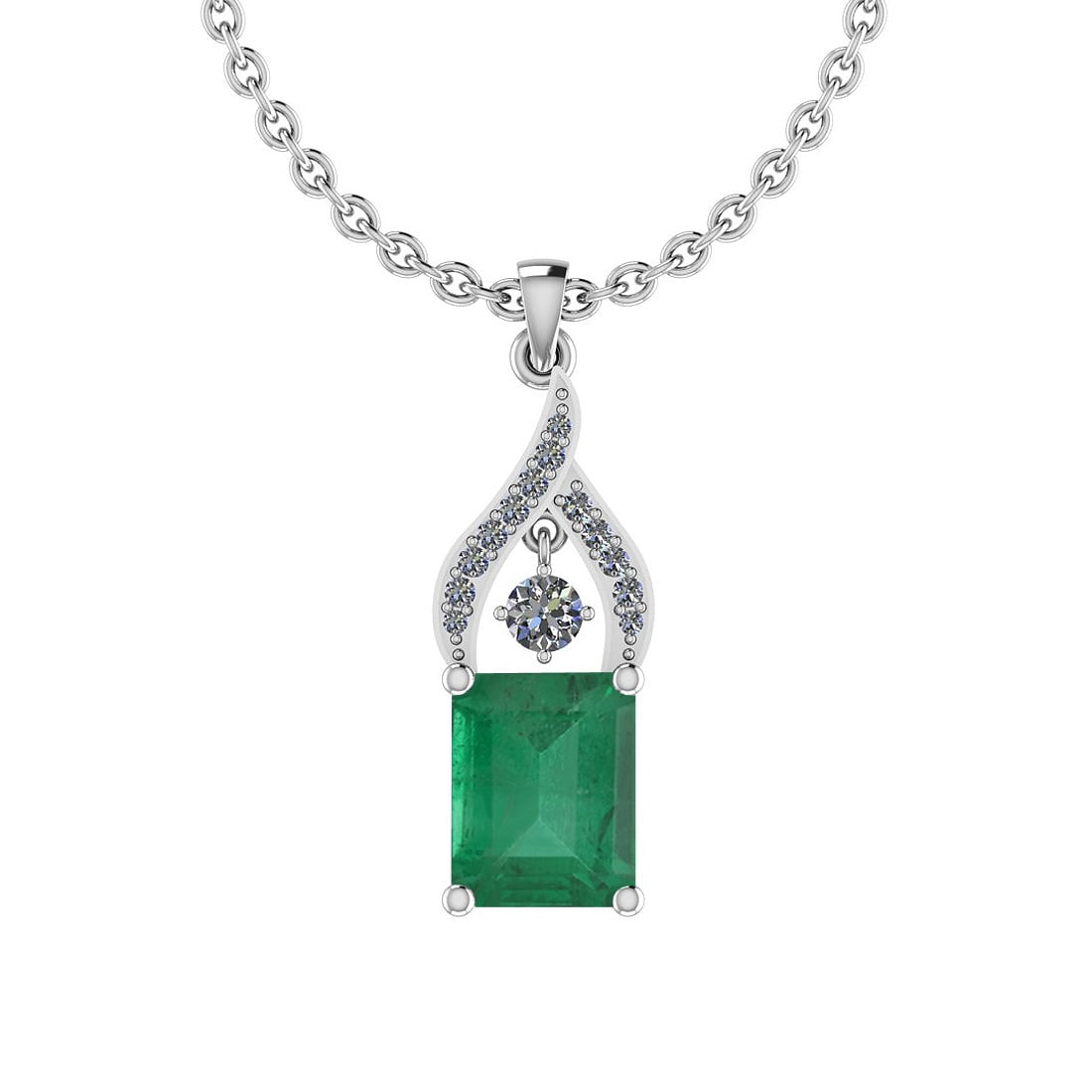 Certified 3.20 Ctw Emerald and Diamond I2/I3 14K White Gold Victorian Style Pendant Necklace: Certified 3.20 Ctw Emerald and Diamond I2/I3 14K White Gold Victorian Style Pendant Necklace -- Color Stone Approx Weight: 3.01 Ctw (1 pcs Emerald Octo) Center Stone Color: Emerald Center Stone Settin