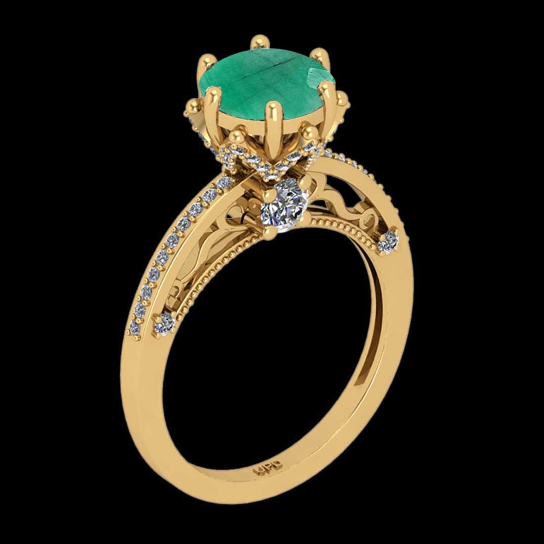 2.61 Ctw VS/SI1 Emerald And Diamond Prong Set 14K Yellow Gold Vintage Style Ring: 2.61 Ctw VS/SI1 Emerald And Diamond Prong Set 14K Yellow Gold Vintage Style Ring -- Center Stone Weight : 2.00 Ctw ( Round Cut) Center stone Color :- Emerald Center Stone Setting : Prong Side Stone We