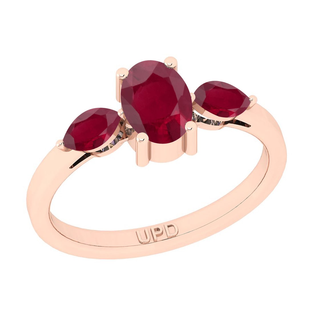 1.25 Ctw Ruby 14K Rose Gold three Stone Ring: 1.25 Ctw Ruby 14K Rose Gold three Stone Ring -- Center Stone Weight : 1.25 Ctw (Oval & Marquise ) Center Stone Color : Ruby Center Stone Setting : Prong Metal Weight : Approx 3.90 Gram 14K Rose Gold t