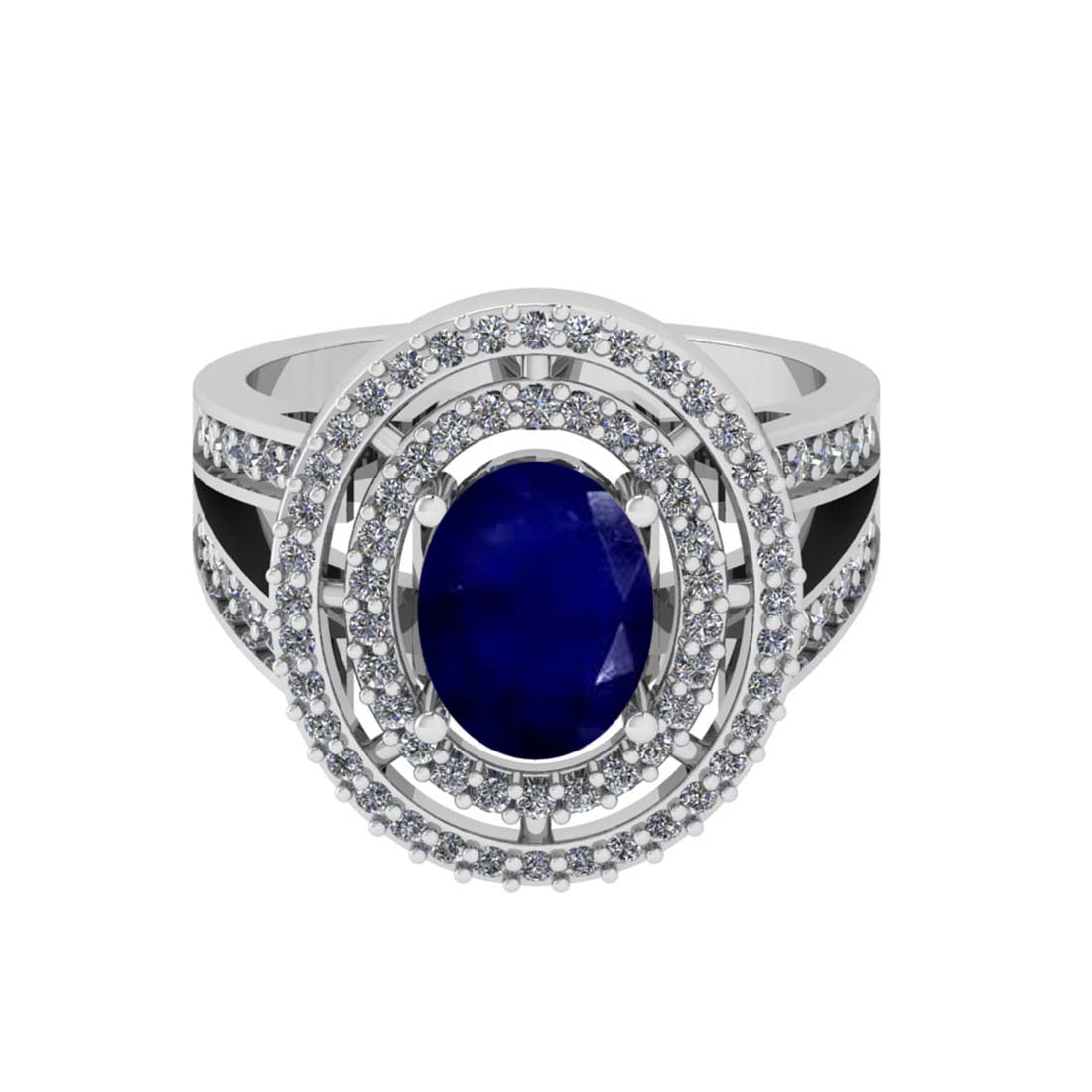 2.67 Ctw SI2/I1 Blue Sapphire And Diamond 14K White Gold two Row Engagement Halo Ring: 2.67 Ctw SI2/I1 Blue Sapphire And Diamond 14K White Gold two Row Engagement Halo Ring -- Color Stone Weight : 2.00 Ctw (Oval Cut ) Center Stone Color : Blue Sapphire Center Stone Setting : Prong Side 