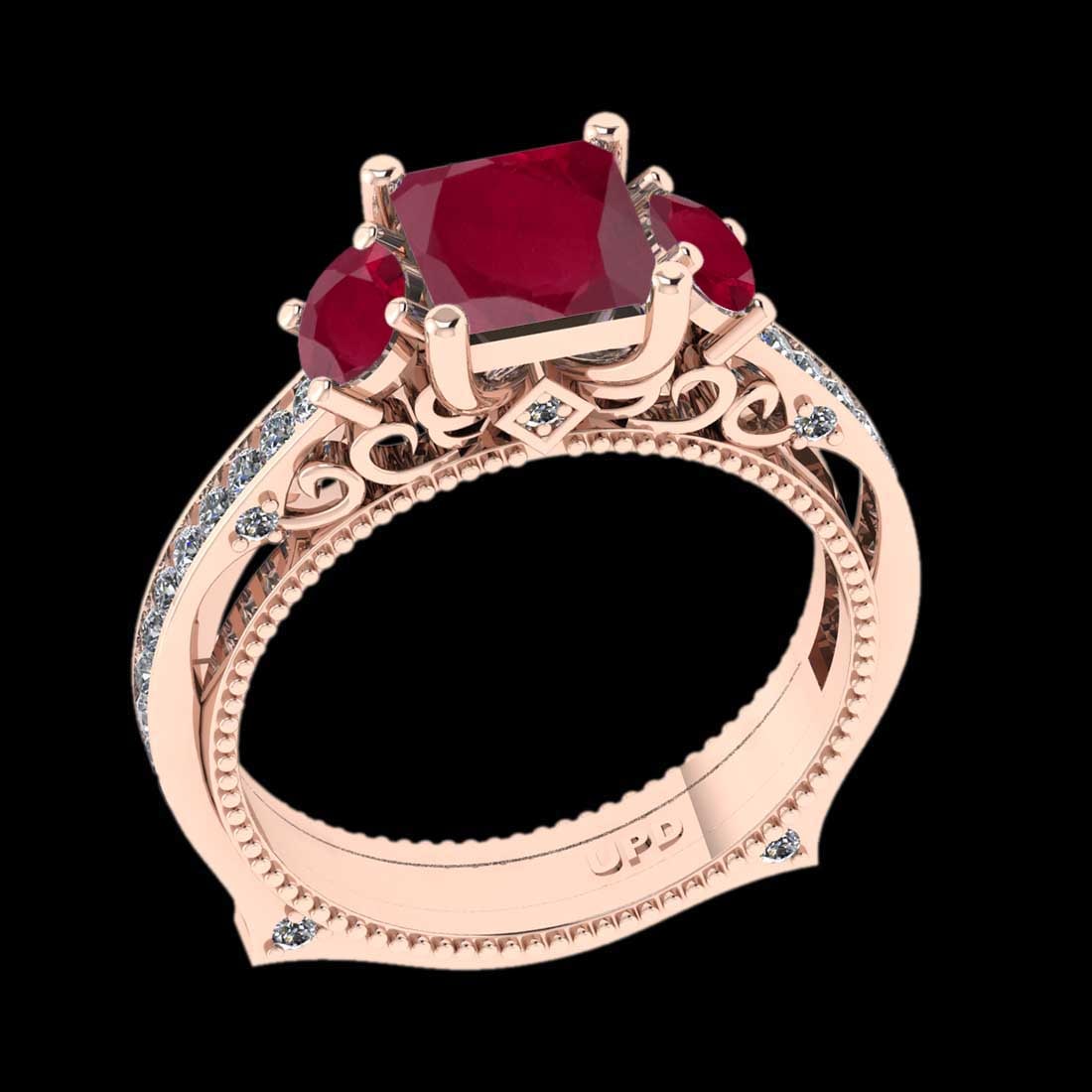 1.96 Ctw VS/SI1 Ruby And Diamond Prong Set 14K Rose Gold Engagement Filigree Ring: 1.96 Ctw VS/SI1 Ruby And Diamond Prong Set 14K Rose Gold Engagement Filigree Ring -- Center Stone Weight : 1.30 Ctw ( Round & Princess Cut) Center stone Color :- Ruby Center Stone Setting : Prong Side