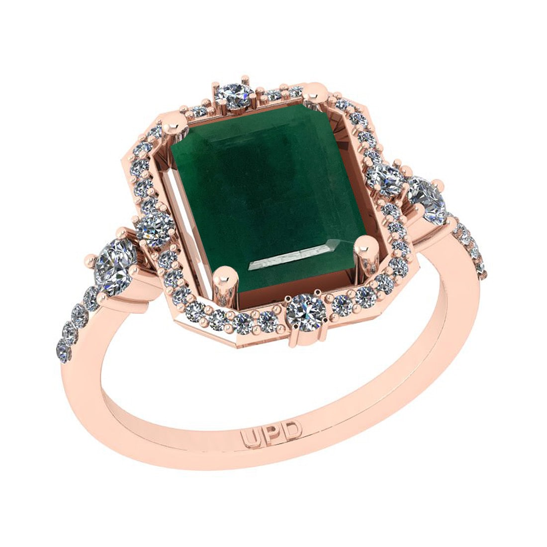 5.86 Ctw SI2/I1 Emerald And Diamond 14K Rose Gold Wedding Halo Ring: 5.86 Ctw SI2/I1 Emerald And Diamond 14K Rose Gold Wedding Halo Ring -- Center Stone Weight : 5.31 Ctw ( Emerald Cut) Center Stone Color :-Emerald Stone Setting : Prong Side Stone Weight Of Ctw 0.55 Ct