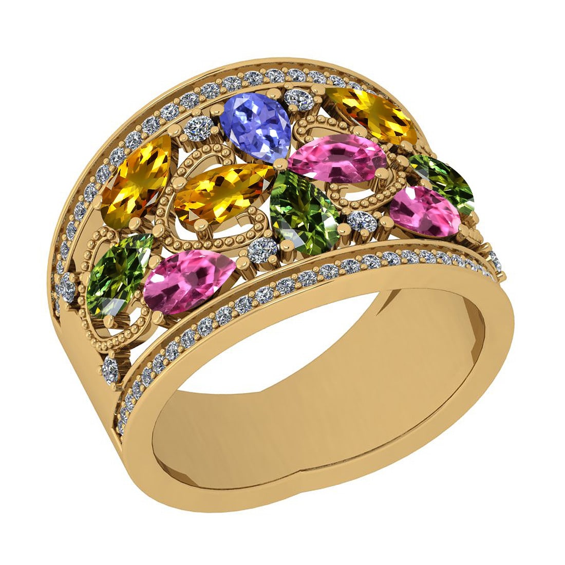 Certified 2.90 Ctw I2/I3 Multi Sapphire, tanzanite And Diamond 10K Yellow Gold Band Ring: Certified 2.90 Ctw I2/I3 Multi Sapphire, tanzanite And Diamond 10K Yellow Gold Band Ring -- Multi Stone Approx Weight: 2.50 Ctw (Pear Cut) Multi Stone Color: Sapphire tanzanite Center Setting: Prong S