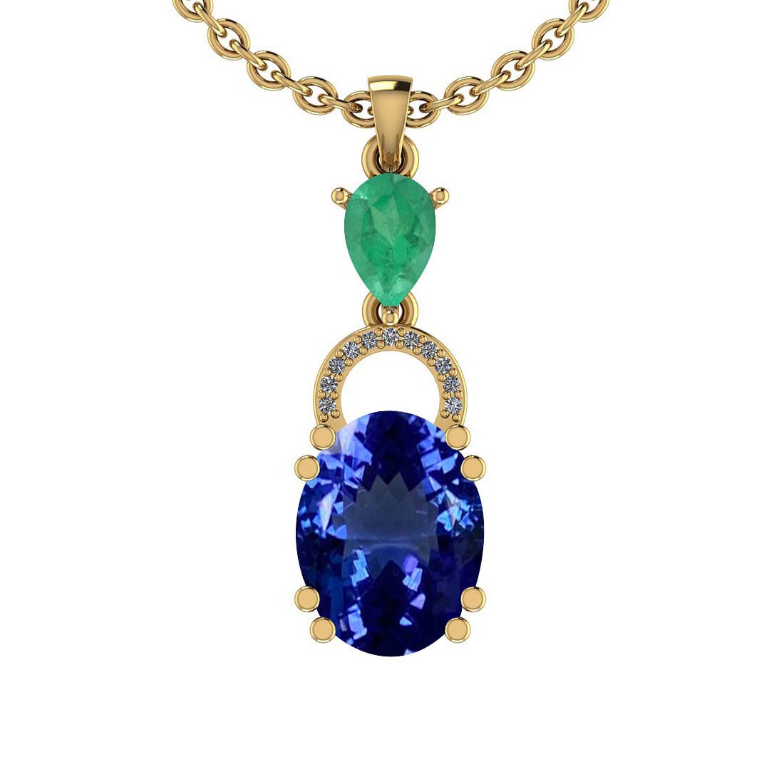 Certified 5.36 Ctw VS/SI1 Tanzanite,Emerald And Diamond 14K Yellow Gold Vintage Style Necklace: Certified 5.36 Ctw VS/SI1 Tanzanite,Emerald And Diamond 14K Yellow Gold Vintage Style Necklace -- Center Stone Approx Weight: 4.80 Ctw (Oval Cut) Center Stone Color: Tanzanite Center Stone Setting: Pr