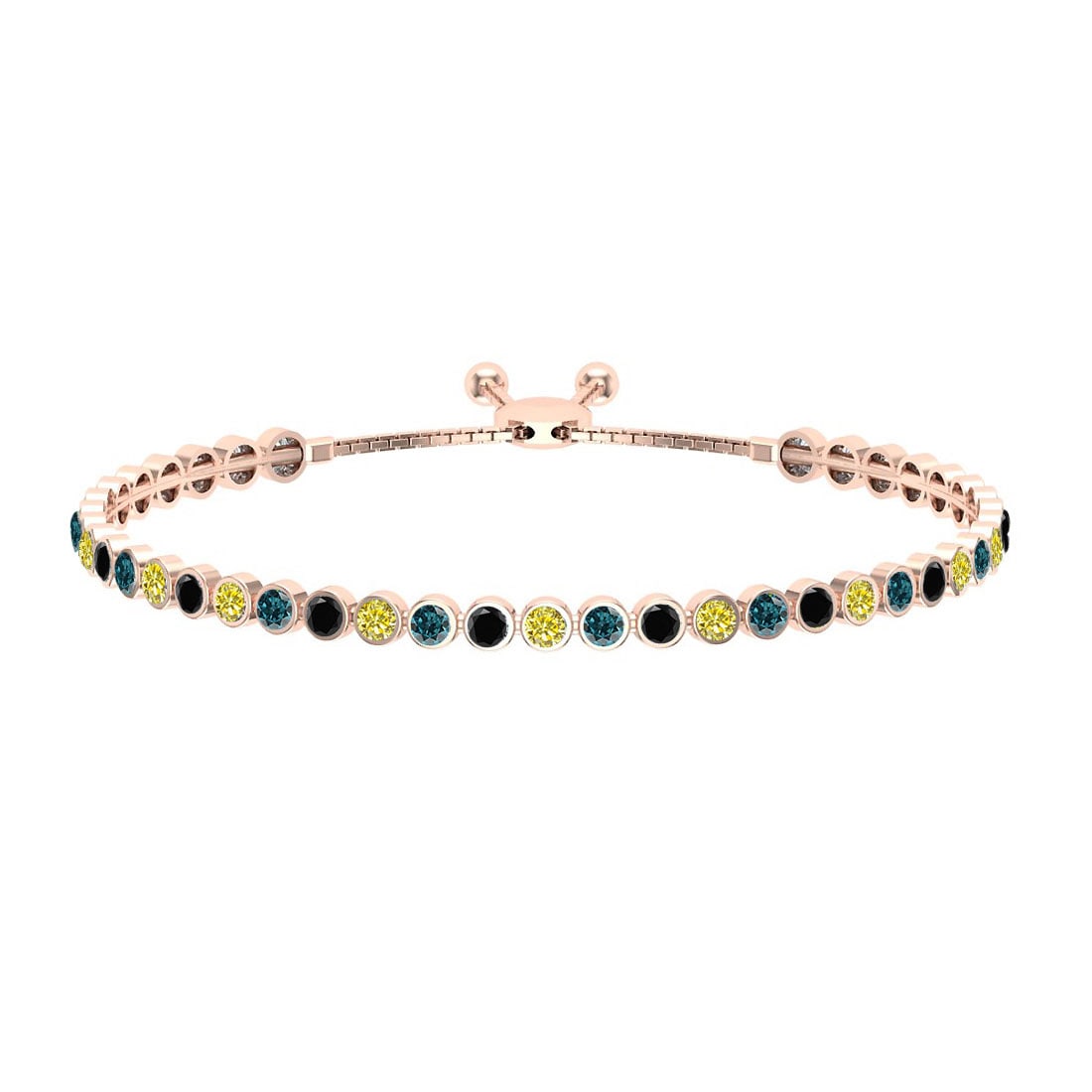 2.07 Ctw I2/I3 Multi Diamond 14K Rose Gold Slide Bracelet: 2.07 Ctw I2/I3 Multi Diamond 14K Rose Gold Slide Bracelet -- Center Diamond Weight : 2.07 Ctw (Round Cut) Center Diamond Color :- Treated Fancy Blue black yellow diamond Center Clarity : I2/I3 Stone S