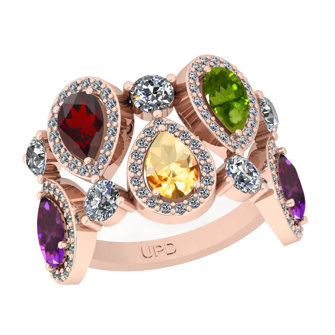 2.95 Ctw I2/I3 Multi Stone And Diamond 10K Rose Gold Ring: 2.95 Ctw I2/I3 Multi Stone And Diamond 10K Rose Gold Ring -- Multi Stone Weight : 2.50 Ctw ( Pear Cut) Multi Stone Color :-Amethyst,Garnet,Peridot,Citrine Multi Stone Setting : Prong Side Stone Weight