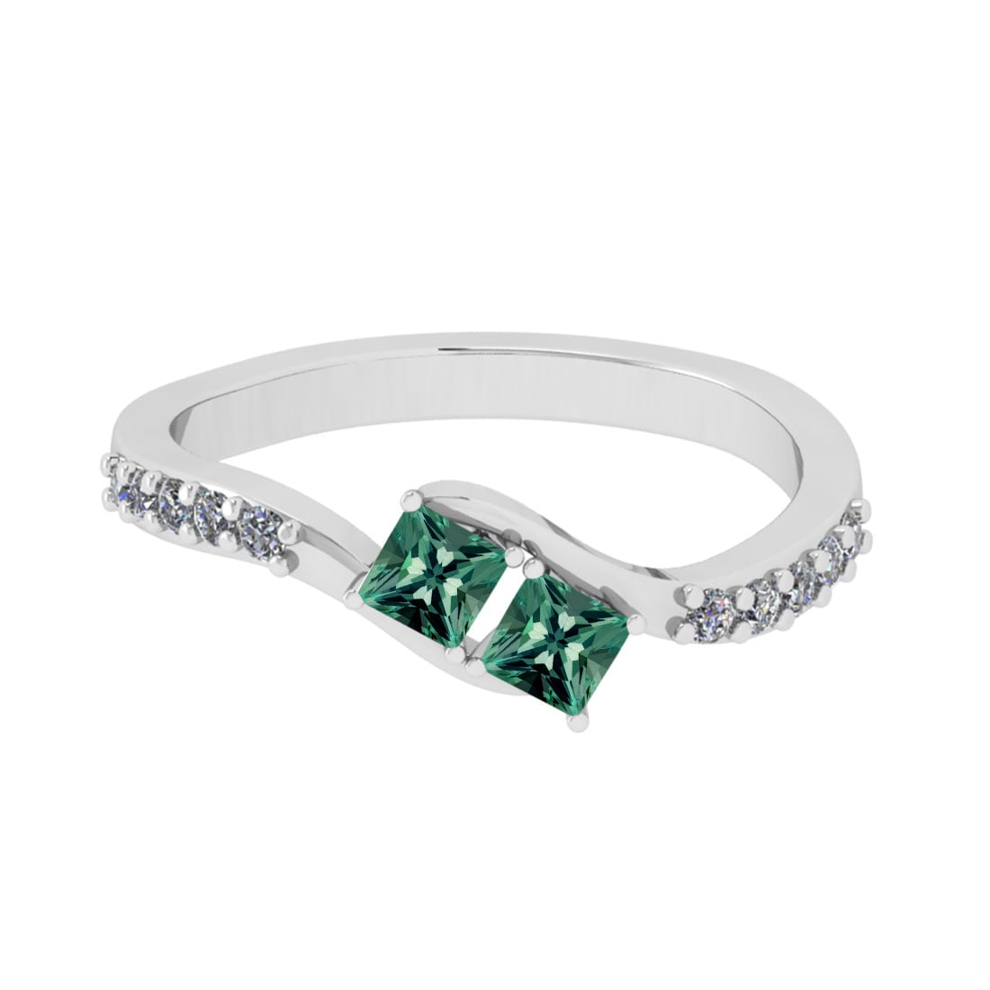 0.30 Ctw SI2/I1 Green Sapphire And Diamond 14K White Gold two Stone Ring: 0.30 Ctw SI2/I1 Green Sapphire And Diamond 14K White Gold two Stone Ring -- Center Stone Weight : 0.16 Ctw (Round Cut) Center Stone Color :-Green Sapphire Center Stone Setting : Prong Side Stone Weigh
