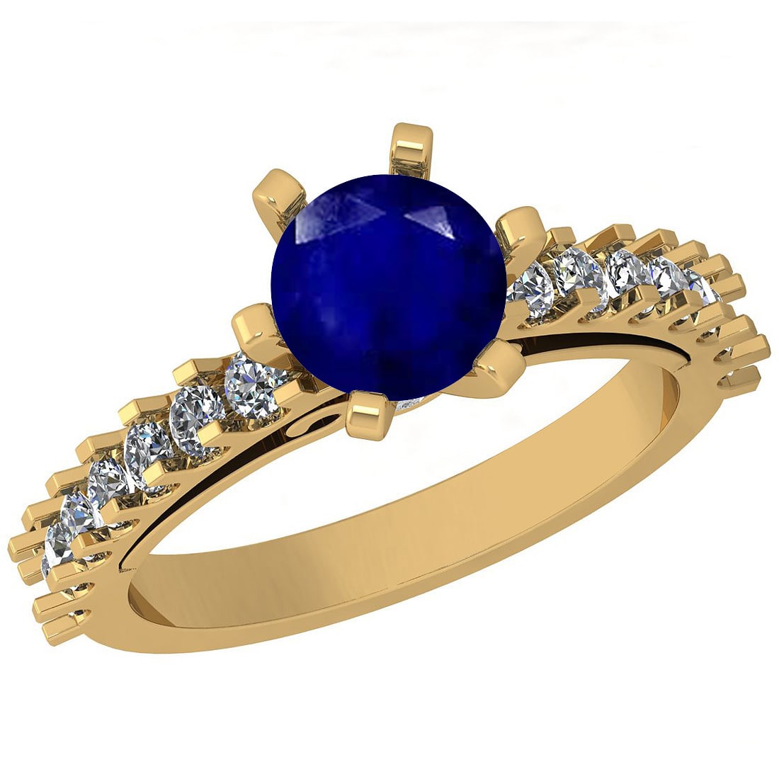 0.90 Ctw SI2/I1 Blue Sapphire And Diamond 14K Yellow Gold Ring: 0.90 Ctw SI2/I1 Blue Sapphire And Diamond 14K Yellow Gold Ring -- Center Stone Weight : 0.50 Ctw (Round cut) Center Stone Color :-Blue Sapphire Stone Setting : Prong Side Stone Weight Of Ctw 0.40 Ctw