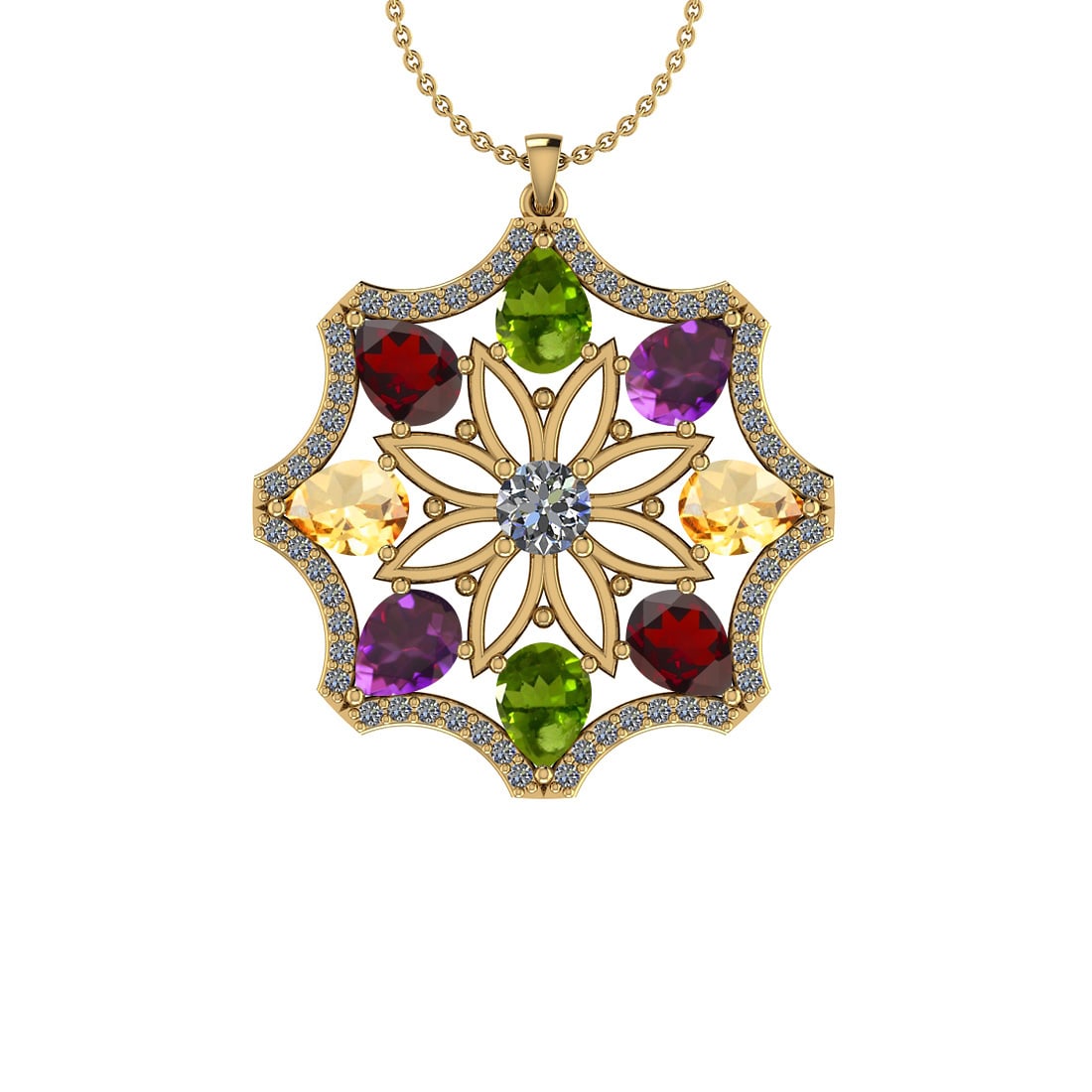 2.24 Ctw I2/I3 Multi Stone And Diamond 10K Yellow Gold Pendant: 2.24 Ctw I2/I3 Multi Stone And Diamond 10K Yellow Gold Pendant -- Multi Stone Weight : 2.00 Ctw ( Pear Cut) Multi Stone Color :-Amethyst,Garnet,Peridot,Citrine Multi Stone Setting : Prong Side Stone W