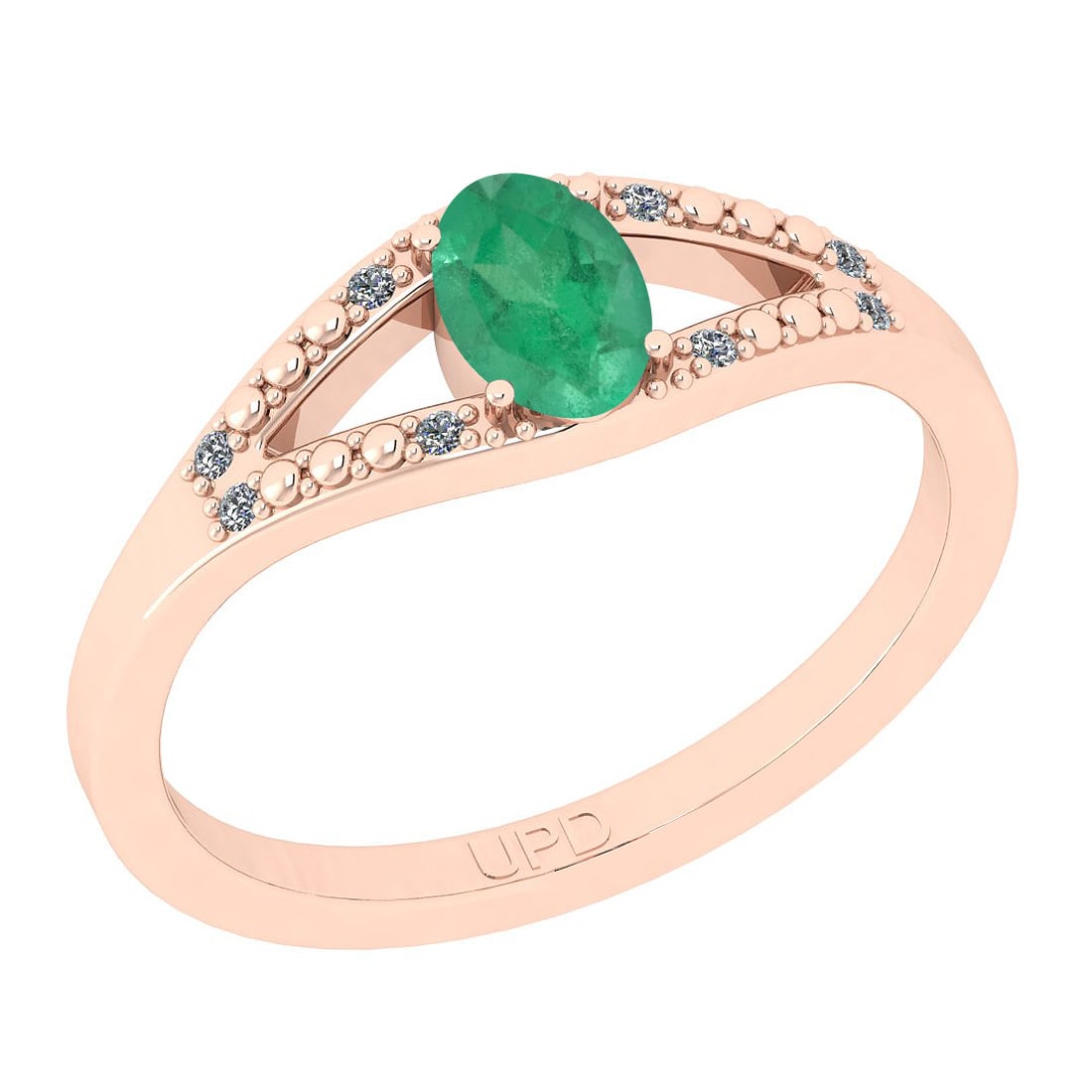 0.42 Ctw SI2/I1 Emerlad And Diamond 14K Rose Gold Ring: 0.42 Ctw SI2/I1 Emerlad And Diamond 14K Rose Gold Ring -- Center Stone Weight : 0.38 Ctw (Oval Cut) Center Stone Color :-Emerlad Center Stone Setting : Prong Side Stone Weight Of Ctw 0.04 Ctw Side Sto