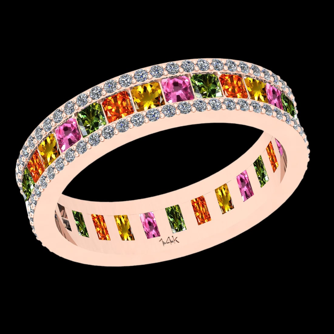 2.51 Ctw SI2/I1 Multi Sapphire And Diamond 14K Rose Gold Eternity Band Ring: 2.51 Ctw SI2/I1 Multi Sapphire And Diamond 14K Rose Gold Eternity Band Ring -- Multi Stone Weight : 1.96 Ctw (Princess Cut ) Multi Stone Color : Pink,Yellow,Green,Orange Sapphire Stone Setting : Prong
