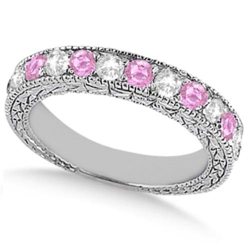 Antique style Pink Sapphire and Diamond Wedding Ring 14kt White Gold 1.05ctw: Antique style Pink Sapphire and Diamond Wedding Ring 14kt White Gold 1.05ctw -- CENTER STONE 0.50CTW; Sapphire,Diamond CENTER STONE CLARITY; Eye Clean#SI1-SI2 CENTER STONE COLOR; Pink,J-K CENTER STONE