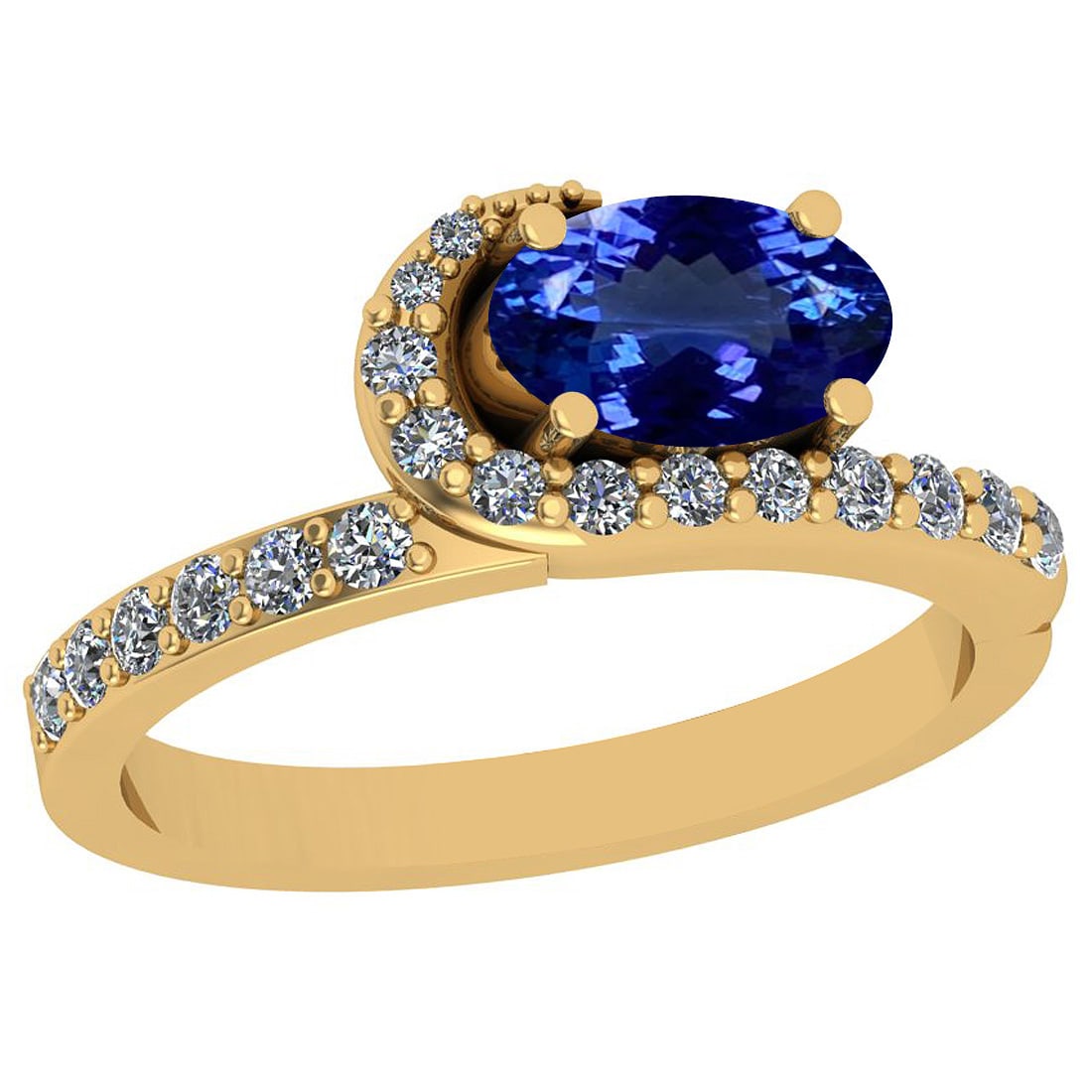 2.63 Ctw VS/SI1 Tanzanite And Diamond 18K Yellow Gold Promises Ring: 2.63 Ctw VS/SI1 Tanzanite And Diamond 18K Yellow Gold Promises Ring -- Center Stone Weight : 2.32 Ctw (Oval Cut) Center Stone Color :-Tanzanite Center Stone Setting : Prong Side Stone Weight Of Ctw 0.