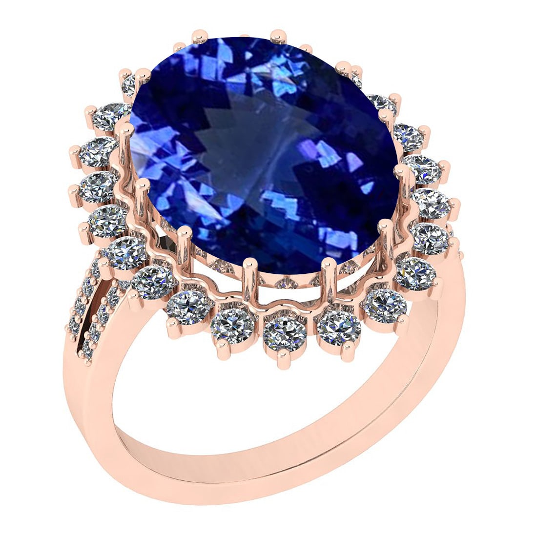 9.27 Ctw VS/SI1 Tanzanite And Diamond 18K Rose Gold Victorian Style Engagement Halo Ring: 9.27 Ctw VS/SI1 Tanzanite And Diamond 18K Rose Gold Victorian Style Engagement Halo Ring -- Center Stone Weight : 8.32 Ctw (Oval Cut) Center Stone Color :-Tanzanite Center Stone Setting : Prong Side S