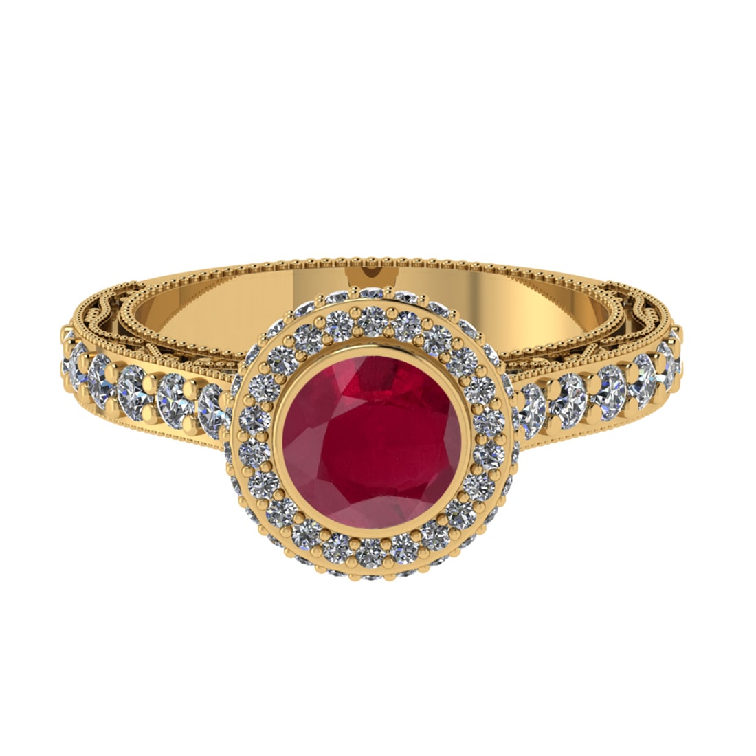 2.16 Ctw I2/I3 Ruby And Diamond 14K Yellow Gold Engagement Ring: 2.16 Ctw I2/I3 Ruby And Diamond 14K Yellow Gold Engagement Ring -- Center Stone Weight 0.90 Ctw ( Round Cut ) Center Stone Color : Ruby Stone Setting : Prong Side Diamond Weight Of Ctw 1.26 Ctw Side S