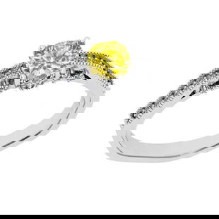 1.01 Ctw Gia certified Natural Fancy Yellow And White Diamond 14K White Gold Engagement Ring: 1.01 Ctw Gia certified Natural Fancy Yellow And White Diamond 14K White Gold Engagement Ring -- Gia certified Color Diamond Weight : 0.72 Ctw (Cushion Cut ) Gia certified Center Diamond Color : Natura