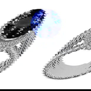 8.56 Ctw SI2/I1 Tanzanite And Diamond 14K White Gold Vintage Style Wedding Ring: 8.56 Ctw SI2/I1 Tanzanite And Diamond 14K White Gold Vintage Style Wedding Ring -- Color Stone Weight : 6.42 Ctw (Oval Cut ) Center Stone Color : Tanzanite Center Stone Setting : Prong Side Stone Weig