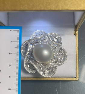 Handmade Piece by Designer Mischelle 18k White Gold South Sea Pearl Ring: Handmade Piece by Designer Mischelle 18k White Gold South Sea Pearl Ring -- Handmade Piece by Designer Mischelle 18k White Gold South Sea Pearl Ring (16mm) with 5.75 cttw Diamonds (G-H, VS1) (15.30