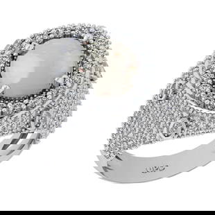 6.25 Ctw I2/I3 Opal And Diamond 14K White Gold Engagement Ring: 6.25 Ctw I2/I3 Opal And Diamond 14K White Gold Engagement Ring -- Center Stone Weight : 4.11 Ctw ( Oval Cab ) Center Stone Color : Opal Stone Setting : Prong Side Diamond Weight Of Ctw2.14 Ctw Side St