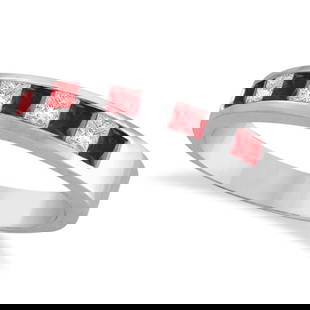 Princess-Cut Channel-Set Diamond and Ruby Ring Band 14k White Gold: Princess-Cut Channel-Set Diamond and Ruby Ring Band 14k White Gold -- CENTER STONE; Ruby CENTER STONE CLARITY; CENTER STONE COLOR; Red CENTER STONE SETTING; Channel SIDE STONE CLARITY; SI SIDE STONE