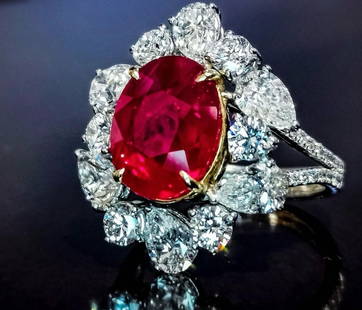 Hand Made Piece by Designer Mischelle Natural GRS Certified 5.05 cttw Pigeons Blood Burmese Ruby and: Hand Made Piece by Designer Mischelle Natural GRS Certified 5.05 cttw Pigeons Blood Burmese Ruby and 3.31 cttw Diamonds (G-H, VS1) set in 18k White/Yellow Gold Ring (10.55 gr.) -- Hand Made Piece by D