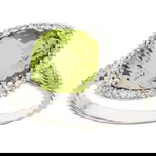 Cushion-Cut Peridot and Diamond Cocktail Ring 14k White Gold 3.70ctwtw: Cushion-Cut Peridot and Diamond Cocktail Ring 14k White Gold 3.70ctwtw -- CENTER STONE; Peridot CENTER STONE CLARITY; CENTER STONE COLOR; CENTER STONE SETTING; Prong SIDE STONE CLARITY; SI SIDE STONE